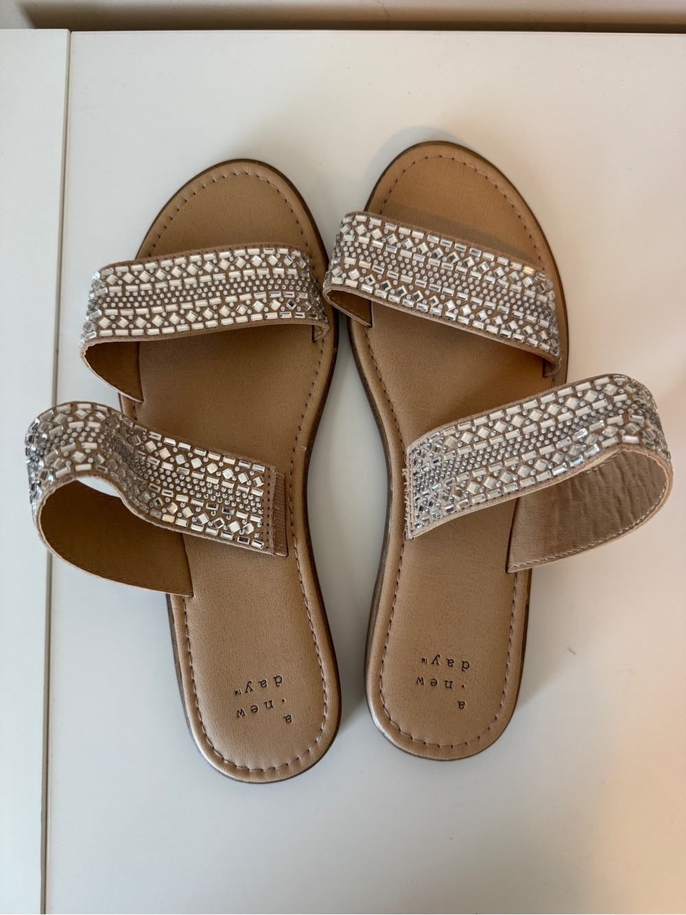 a new day Beige Jeweled Double-Strap Slide Sandals